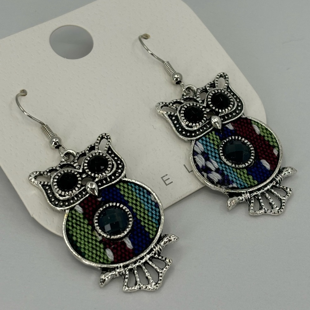 NEW Silver and Colorful Owl Earrings - Picture 1 of 7